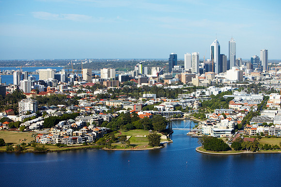 Perth CBD and the Swan River from the air